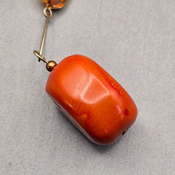 VTG 14K Gold Filled Natural Coral Y Drop Necklace 16" Paperclip Chain w/ Crystal - Picture 4 of 16